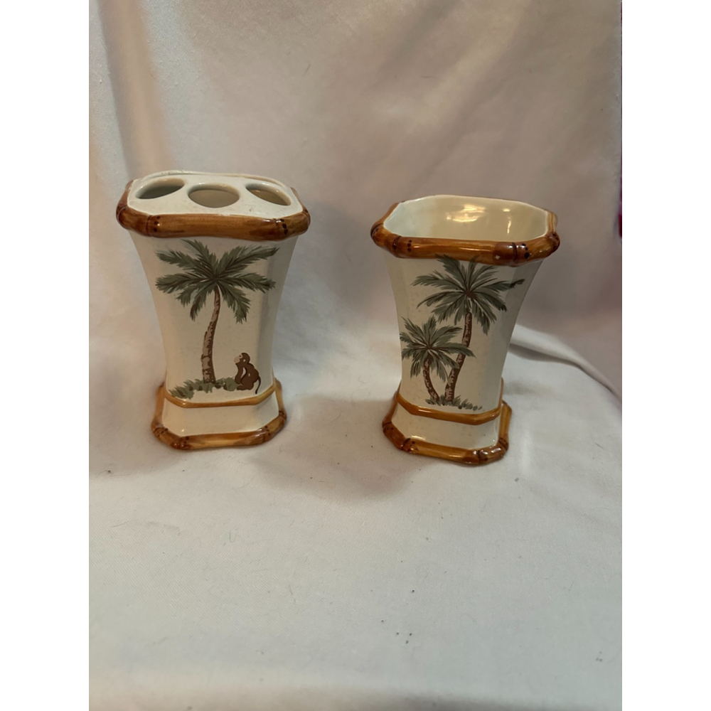 Vintage Springmaid Palm Tree Bathroom Set Toothbrush Holder & Tumbler Cup Cerami